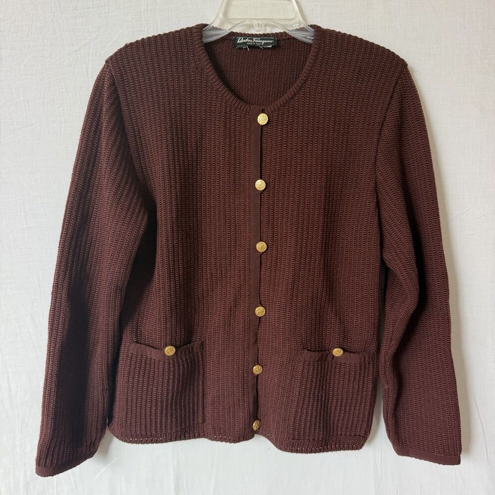 Vintage Salvatore Ferragamo Cardigan Womens Brown Gold Buttons Italy Knit Pocket - Picture 2 of 16